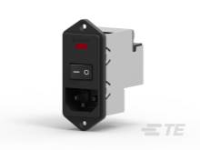 Schwarzer Geräteschalter mit rotem Netzschalter, montiert an einem silbernen Gehäuse.