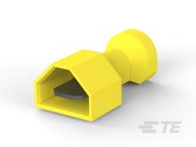 Gelber Anschlussstecker, perspektivisch von der Seite gezeigt, mit sechseckiger Öffnung und kreisförmigem Ende.