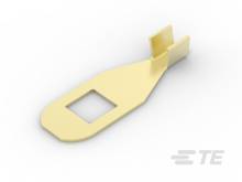 Ein gelbes Plastikwerkzeug mit rechteckiger Öffnung und zwei abstehenden Haken am Ende, möglicherweise für technische Anwendungen.