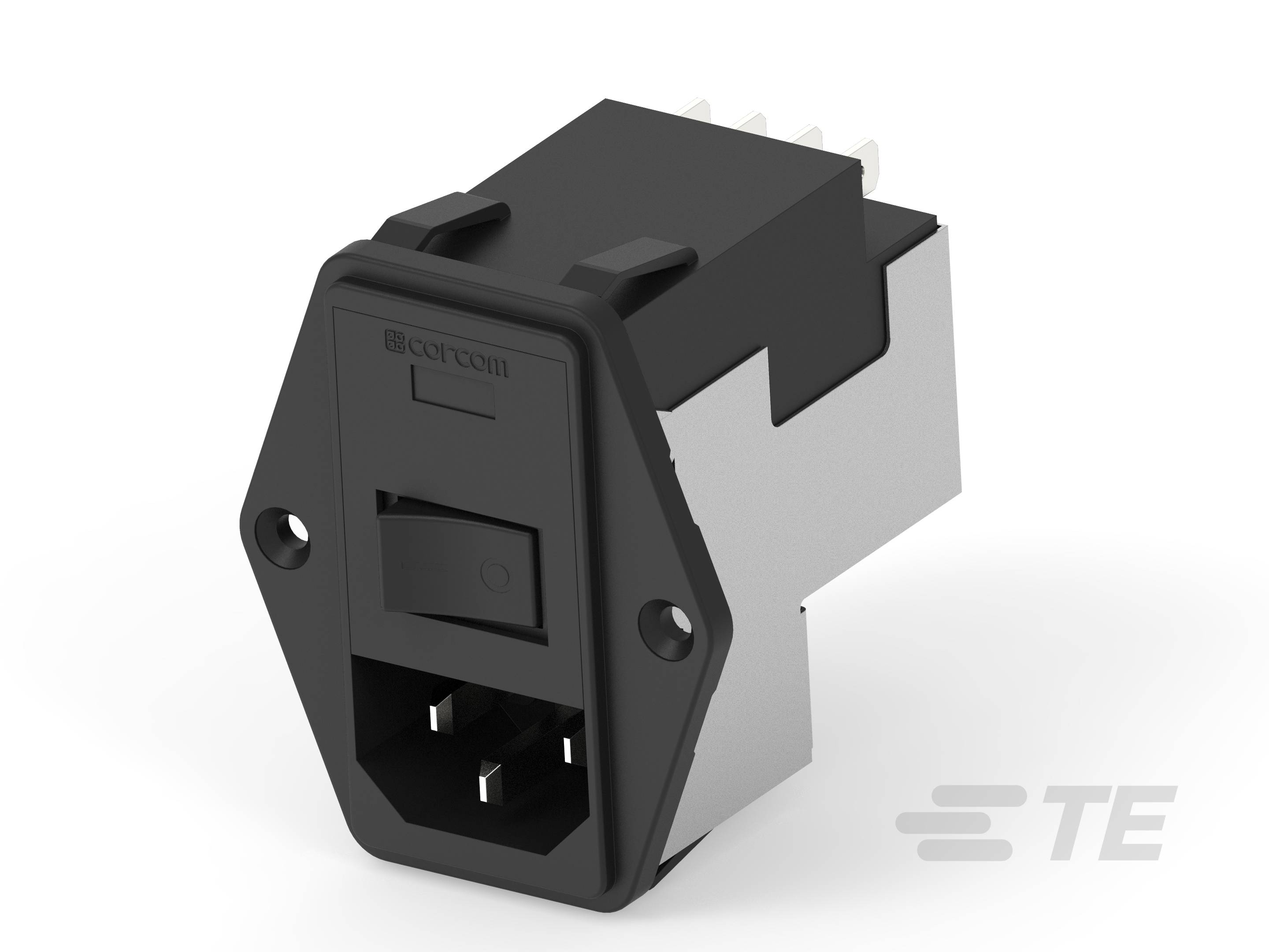 Abbildung eines schwarzen elektrischen Steckverbinders, montiert in einem silbernen Gehäuse, mit Ein-/Ausschalter auf der Vorderseite.