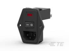 Ein schwarzer Geräteschutzschalter mit rotem Indikatorfeld, Ein/Aus-Schalter und Steckdosenanschluss, vor weißem Hintergrund.