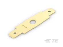 Metallplatte mit ovalem Loch in der Mitte, beige Farbe; möglicherweise ein Bauteil oder eine Halterung.