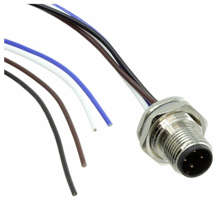 Nahaufnahme eines Metallsteckers mit fünf farbigen Drähten: schwarz, braun, blau, weiß und blau. Der Stecker hat ein Gewinde-Design.