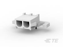 3D-Modell eines weißen zweipoligen elektrischen Steckverbinders mit rechteckiger Form, von oben betrachtet.