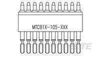 Zeichnung eines elektronischen Mikrochips mit Beschriftung 'MTCB1X-105-XXX', zeigt die Pin-Anordnung oben und unten am Chip.