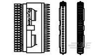 Diagramm einer elektrischen Steckverbindung mit mehreren Pins. Zeigt Vorder- und Seitenansicht für technische Details.