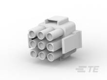 Ein weißer, mehrpoliger Elektronikstecker für technische Anwendungen, bestehend aus zwei Reihen von je vier runden Pins.