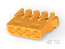 Ein orangefarbener elektrischer Stecker mit drei runden Öffnungen und vier oberen Clips, seitlich liegend.