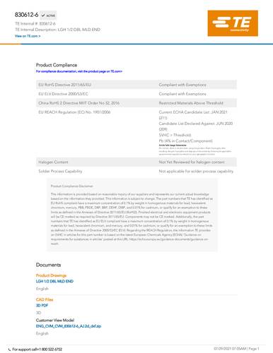 teconnectivity TE Connectivity 830612-6 Package 1St.
