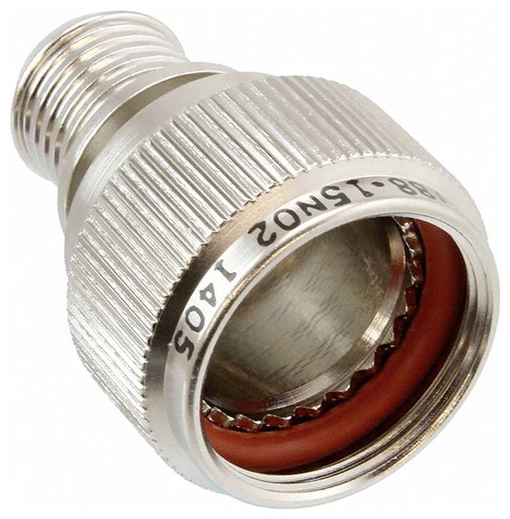 Ein Metallkoaxialkabelstecker mit Gewinde-Enden, verwendet zum Sichern von Kabeln in elektronischen und Kommunikationsgeräten.