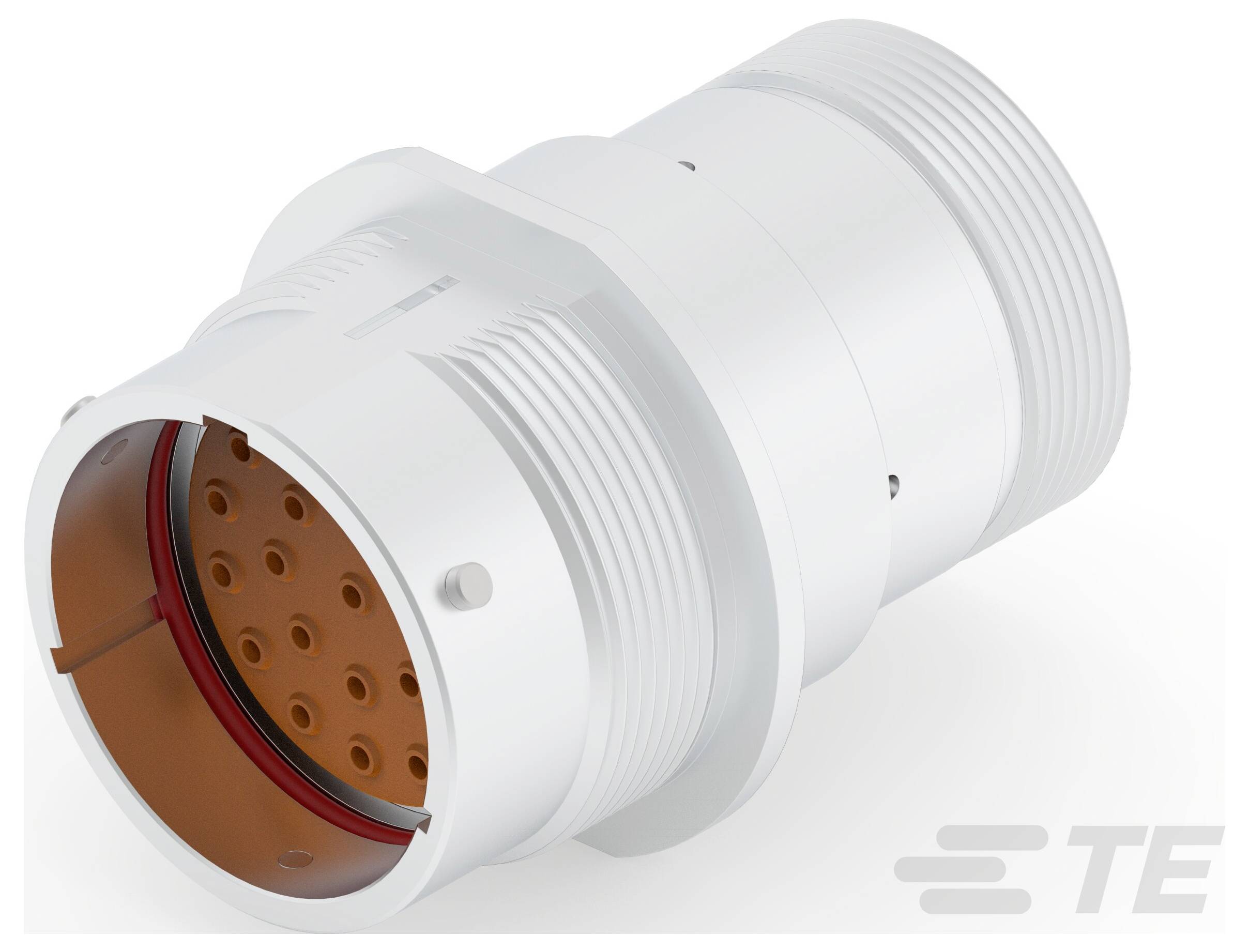 Ein weißer, zylindrischer Mehrpin-Stecker mit TE-Logo, mit mehreren orangefarbenen Steckplätzen für elektrische Verbindungen.