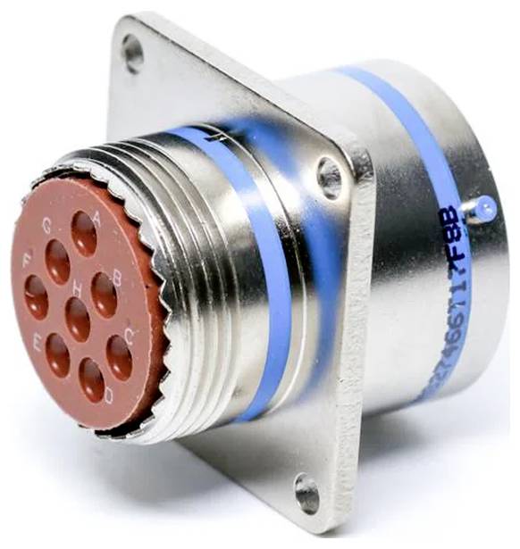 Ein Metallsteckverbinder mit einer runden, roten Multi-Pin-Schnittstelle und Befestigungsplatte, der zum sicheren Verbinden von elektrischen Schaltkreisen verwendet wird.