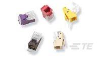 Fünf farbige RJ-45-Stecker auf weißem Hintergrund: violett, rot, gelb, schwarz, beige. Stecker dienen zur Verbindung von Netzwerkkabeln.