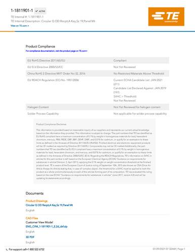teconnectivity TE Connectivity 1-1811901-1 Package 1St.