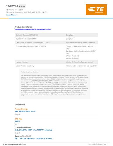 TE Connectivity 1-582591-1 1 St. Package