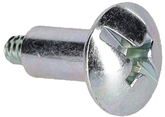Ein Nahaufnahmebild einer Metall-Kreuzschlitzschraube, die auf ihrer Seite liegt und die glänzende Oberfläche sowie das kreuzförmige Antriebsmuster auf dem Kopf zeigt.