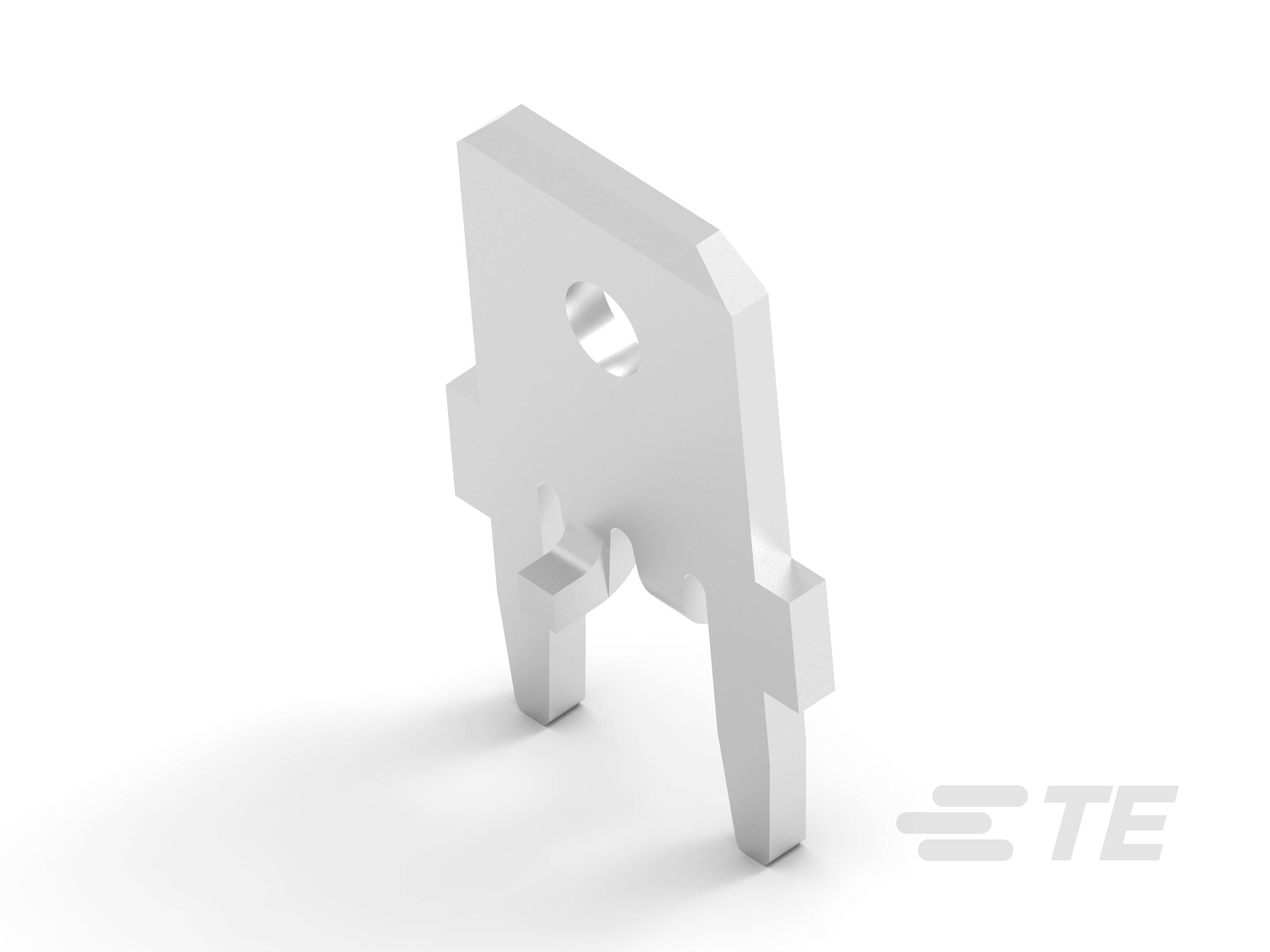 Ein weißes, abgewinkeltes Befestigungsteil mit zwei unteren Befestigungsbeinen und einem Loch oben, vor einem neutralen Hintergrund.