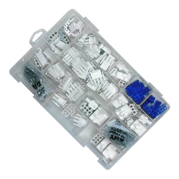 Ein Set mit verschiedenen weißen und blauen Kabelverbindern in einem transparenten Kunststoffbehälter. Ideal für Elektrozubehör.