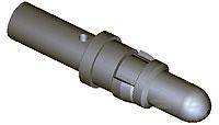 Ein graues technisches Bauteil, möglicherweise ein Hydraulikzylinder oder Kolben, mit glatter zylindrischer Form und komplexen Verbindungselementen.