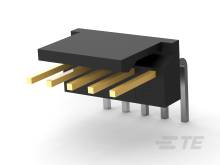 Ein rechteckiger elektronischer Bauteil mit vier goldenen Anschlüssen rechts; möglicherweise ein Halbleiterbauelement.