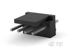 Ein dreipoliger elektrischer Steckverbinder mit schwarzer Kunststoffummantelung und drei Metallstiften für elektronische Verbindungen.