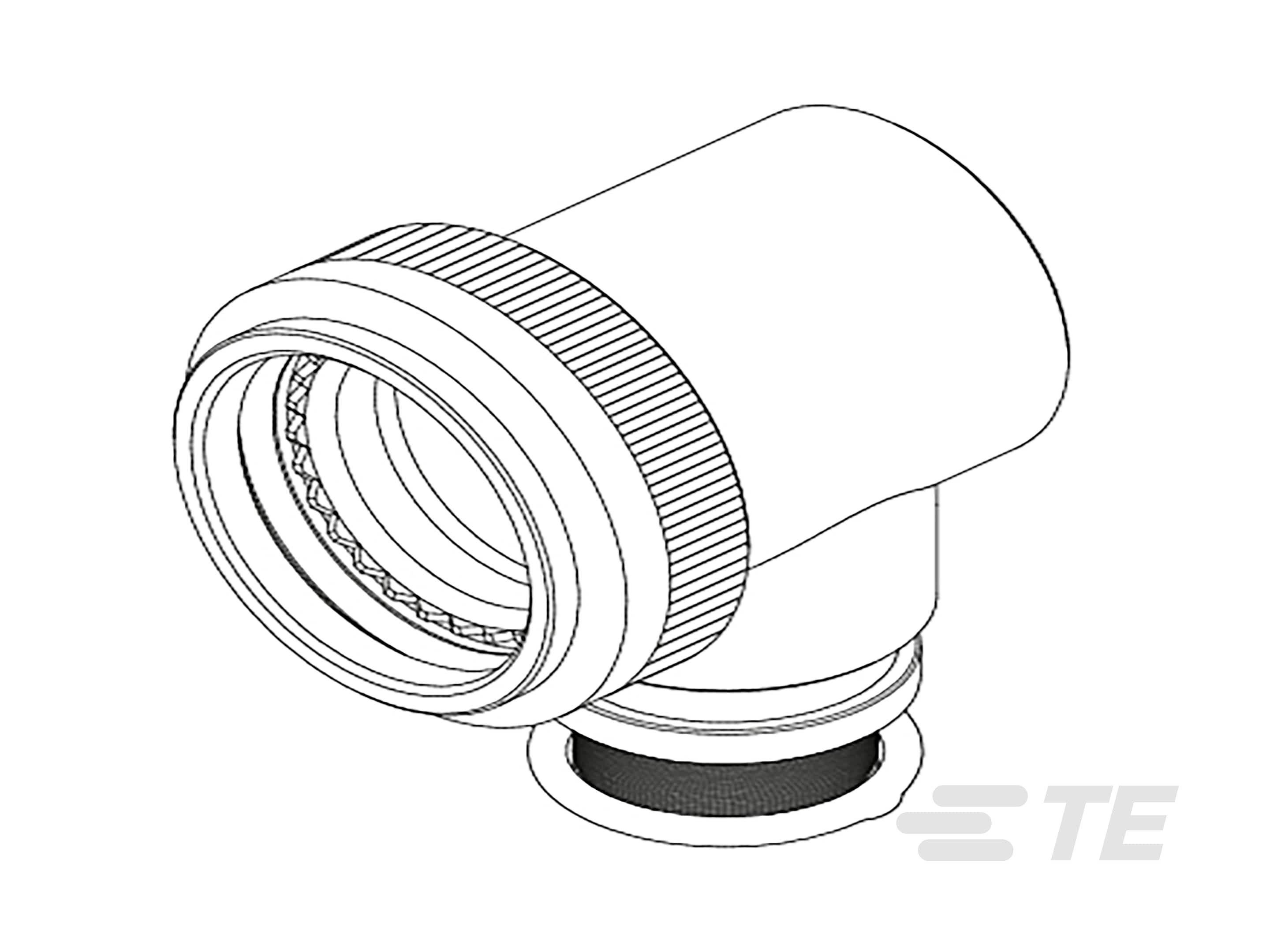 Technische Zeichnung eines Winkelkabelanschlusses mit gerippten Details, sichtbar ist das Logo 'TE'.