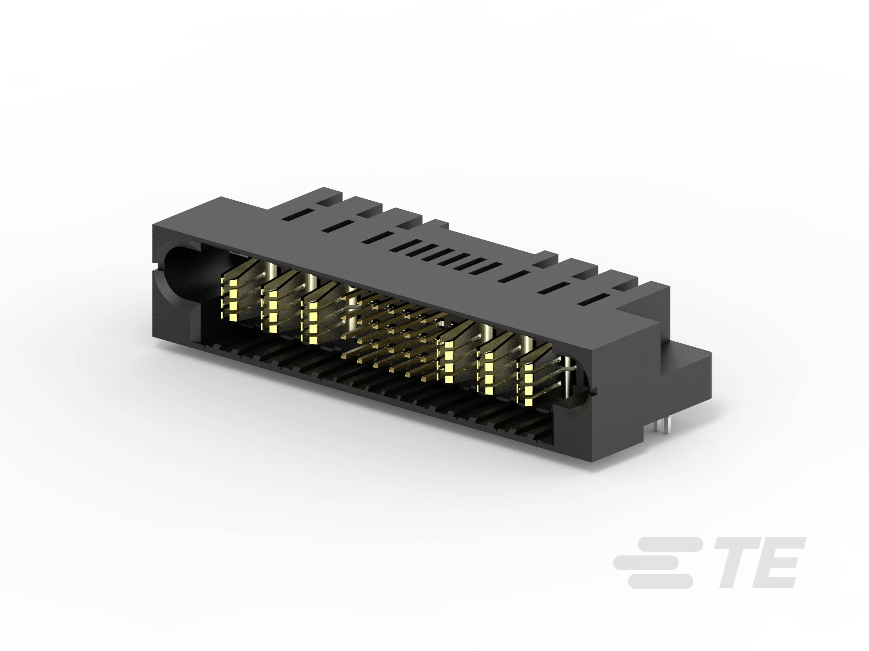 Ein schwarzer elektronischer Steckverbinder, rechteckige Form mit mehreren goldfarbenen Kontakten und seitlichen Führungselementen.