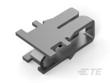 Ein graues, rechteckiges Metallteil mit U-förmig gebogenem Profil und ausgestanztem Schlitz, dient zur Befestigung oder Verbindung.