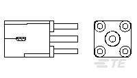 Diagramm eines elektrischen Bauelements mit drei Anschlüssen auf der linken Seite und einem rechteckigen Gehäuse.