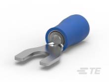 Ein blauer Kabelschuh mit Gabelanschluss, geeignet zur sicheren elektrischen Verbindung von Kabeln, auf weißem Hintergrund.