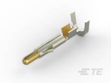 Ein goldfarbener elektrischer Kontaktstift mit zwei seitlichen Halterungen. Er wird in elektrischen Steckverbindungen verwendet.