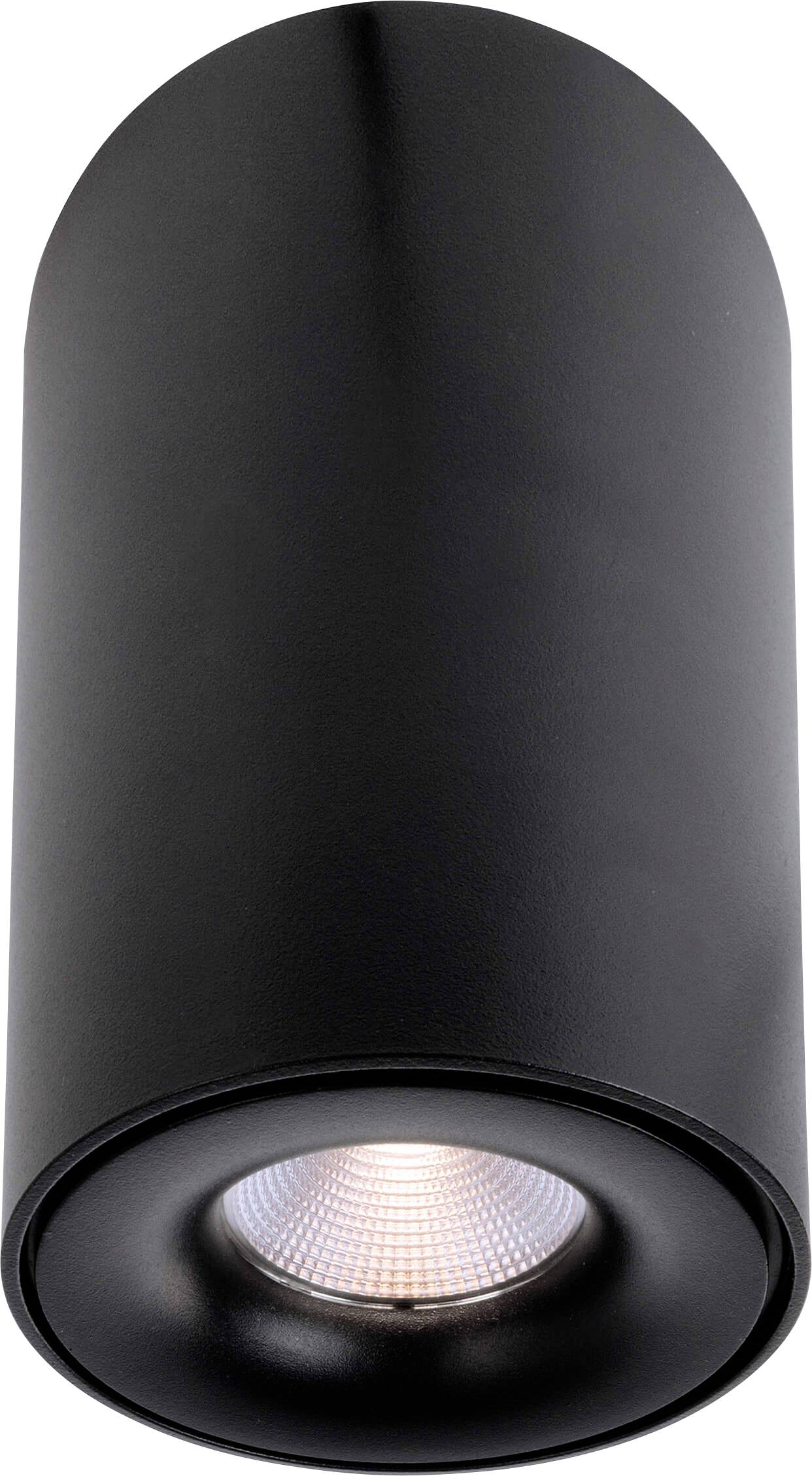 Schwarze zylindrische Deckenleuchte mit rundem, schwenkbarem Spot, der ein sanftes Licht abstrahlt. Geeignet zur Akzentbeleuchtung.