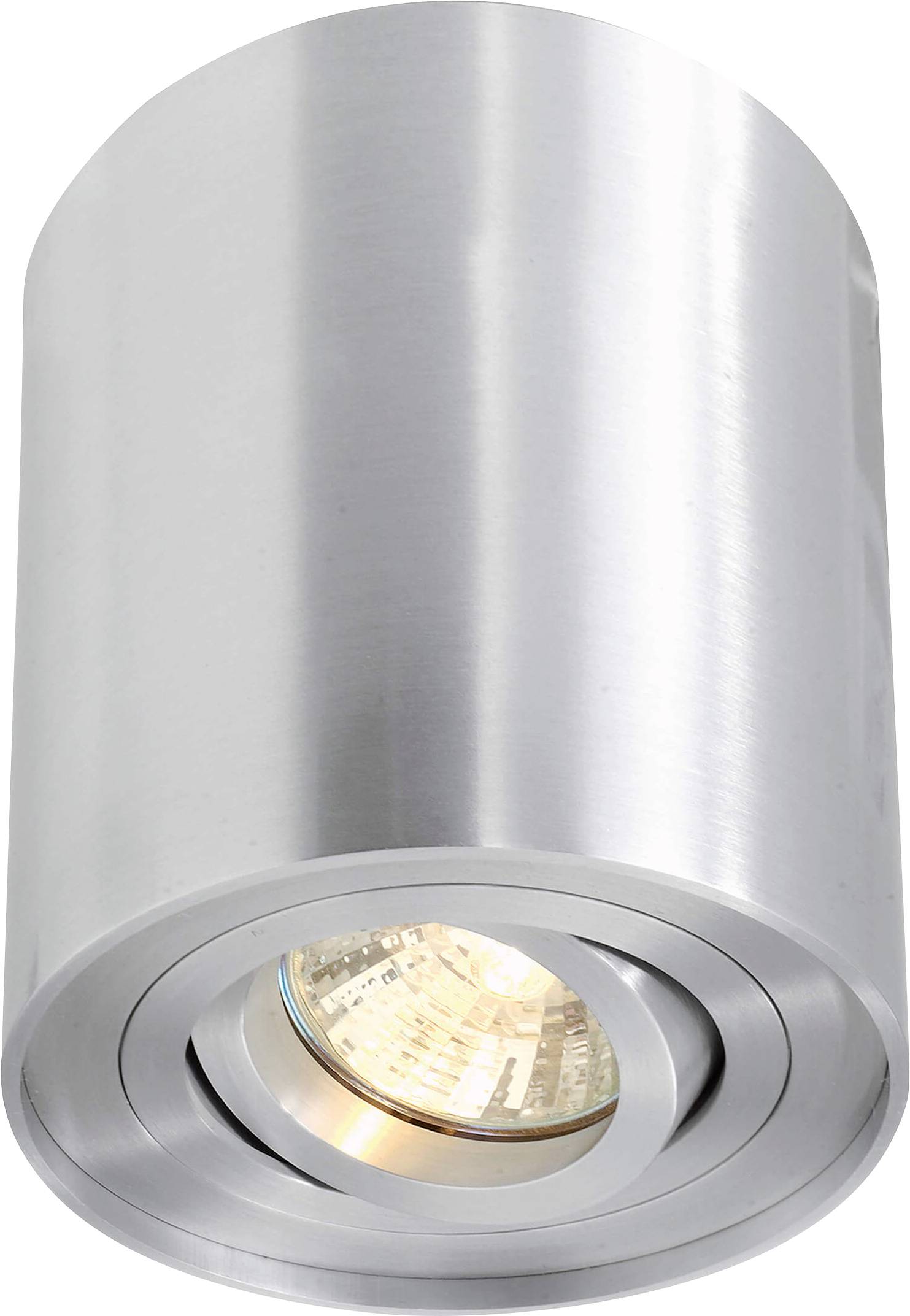 Silberne, zylinderförmige Deckenleuchte mit sichtbarer Glühbirne im Inneren, geeignet für moderne Innenausstattung.