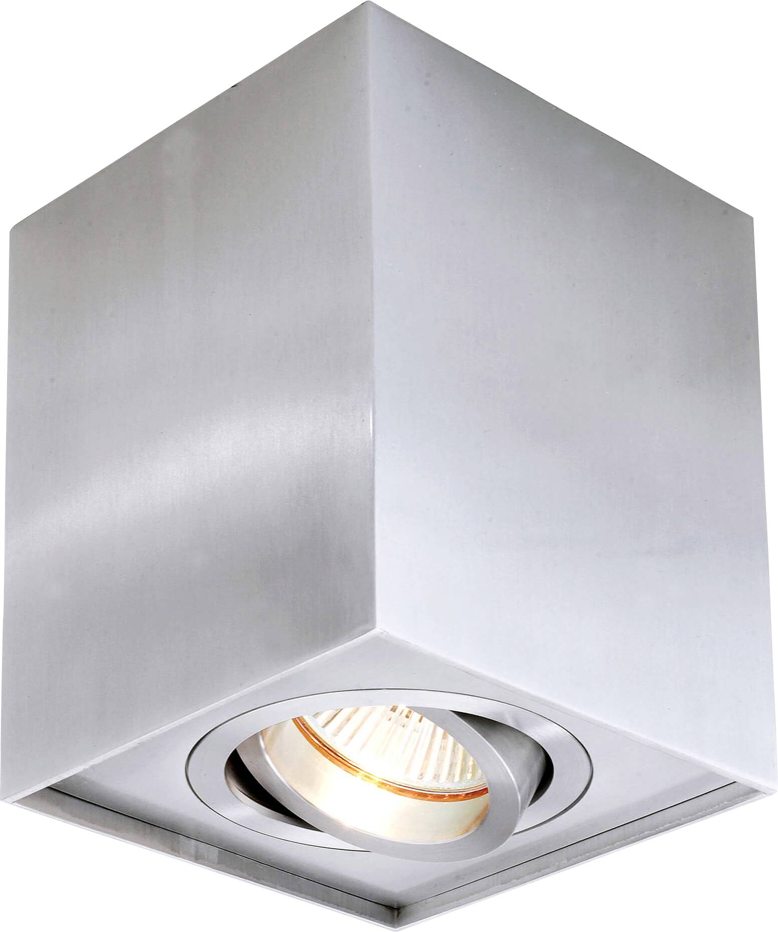 Moderne würfelförmige Deckenleuchte aus gebürstetem Metall mit sichtbarem Leuchtmittel, geeignet für zeitgenössisches Interieur.