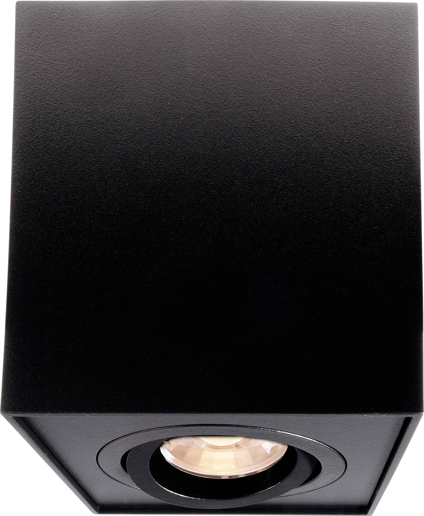 Schwarzer, würfelförmiger Deckenstrahler mit sichtbarer Glühbirne. Modernes Design, geeignet für Wohnräume.