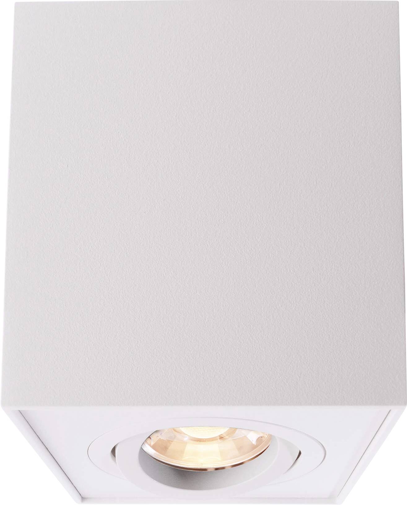 Weiße, quadratische Deckenleuchte mit freiliegender Glühbirne, die nach unten strahlt. Modernes Design, geeignet für Innenräume.