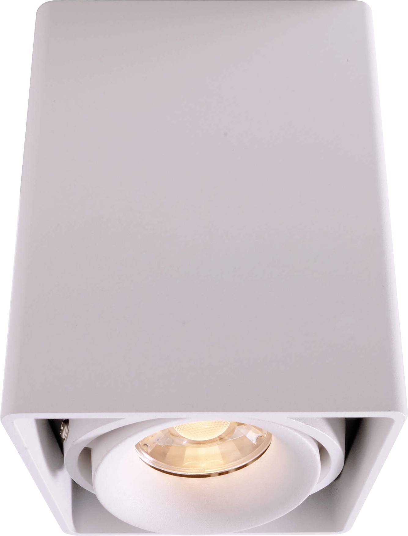 Deckenstrahler in Würfelform, cremefarben, mit sichtbarem LED-Licht. Eignet sich zur stilvollen Raumbeleuchtung.