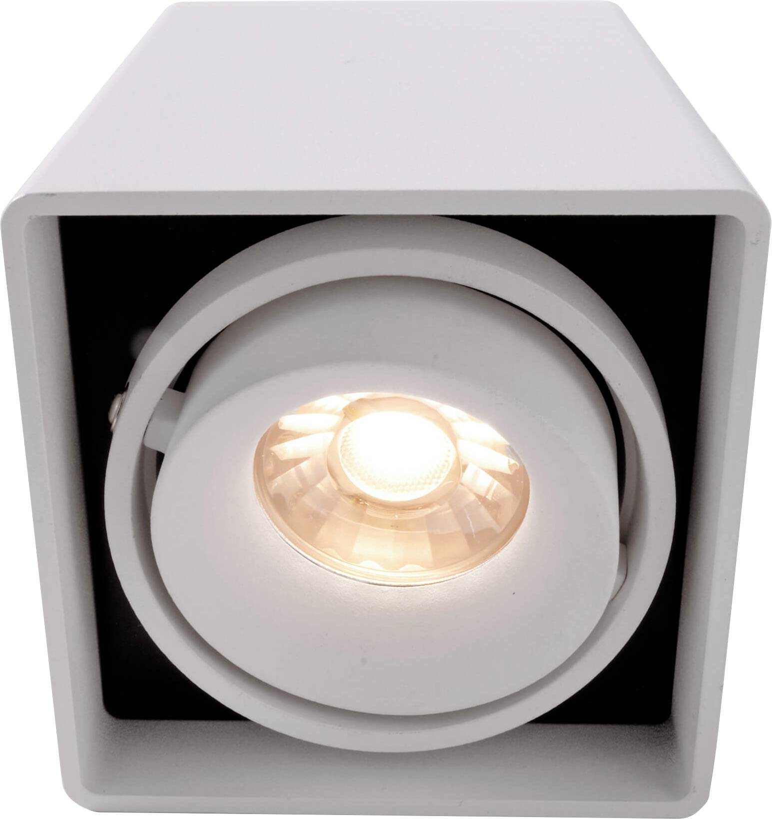 Eine weiße, quadratische Deckenleuchte mit einstellbarem LED-Spotlicht in einem modernen Design.