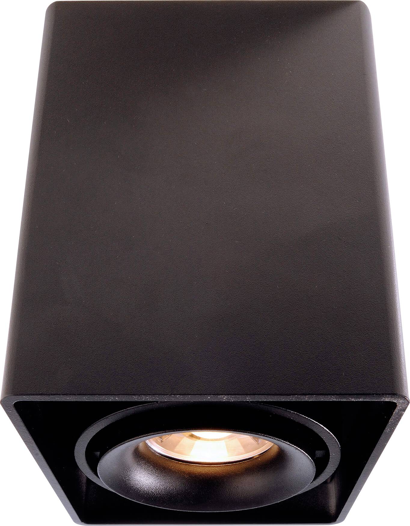 Schwarze Deckenleuchte mit modernem, rechteckigem Design und sichtbarem, runden Leuchtelement in der Mitte.