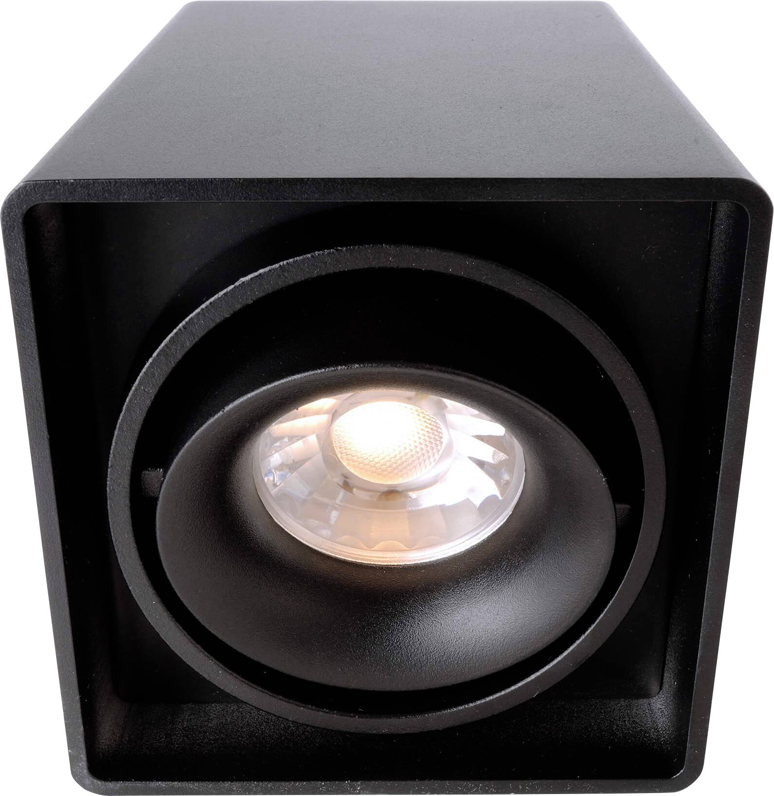 Schwarzer, quadratischer Deckenstrahler mit zentralem, rundem LED-Licht, passend für moderne Innenbeleuchtung.