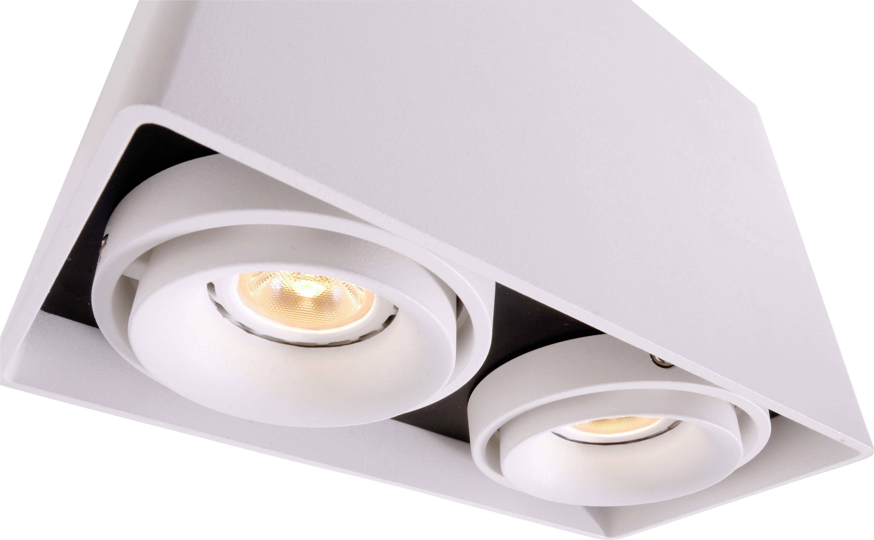 Zwei weiße, runde LED-Deckenstrahler in einem rechteckigen Gehäuse, die warmes Licht ausstrahlen.