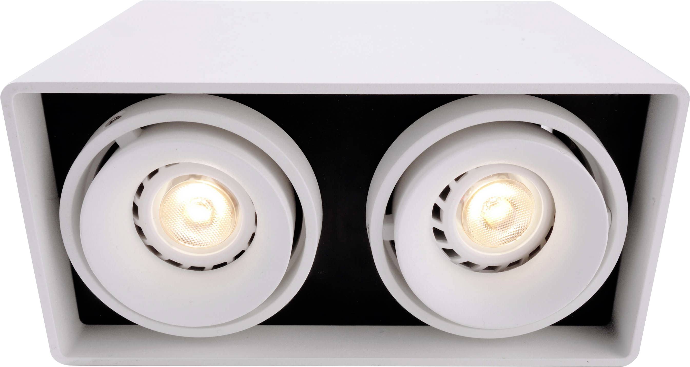 Zwei weiße, rechteckige Deckenstrahler mit runden Leuchten, die warmes Licht abstrahlen, montiert in einer Halterung.