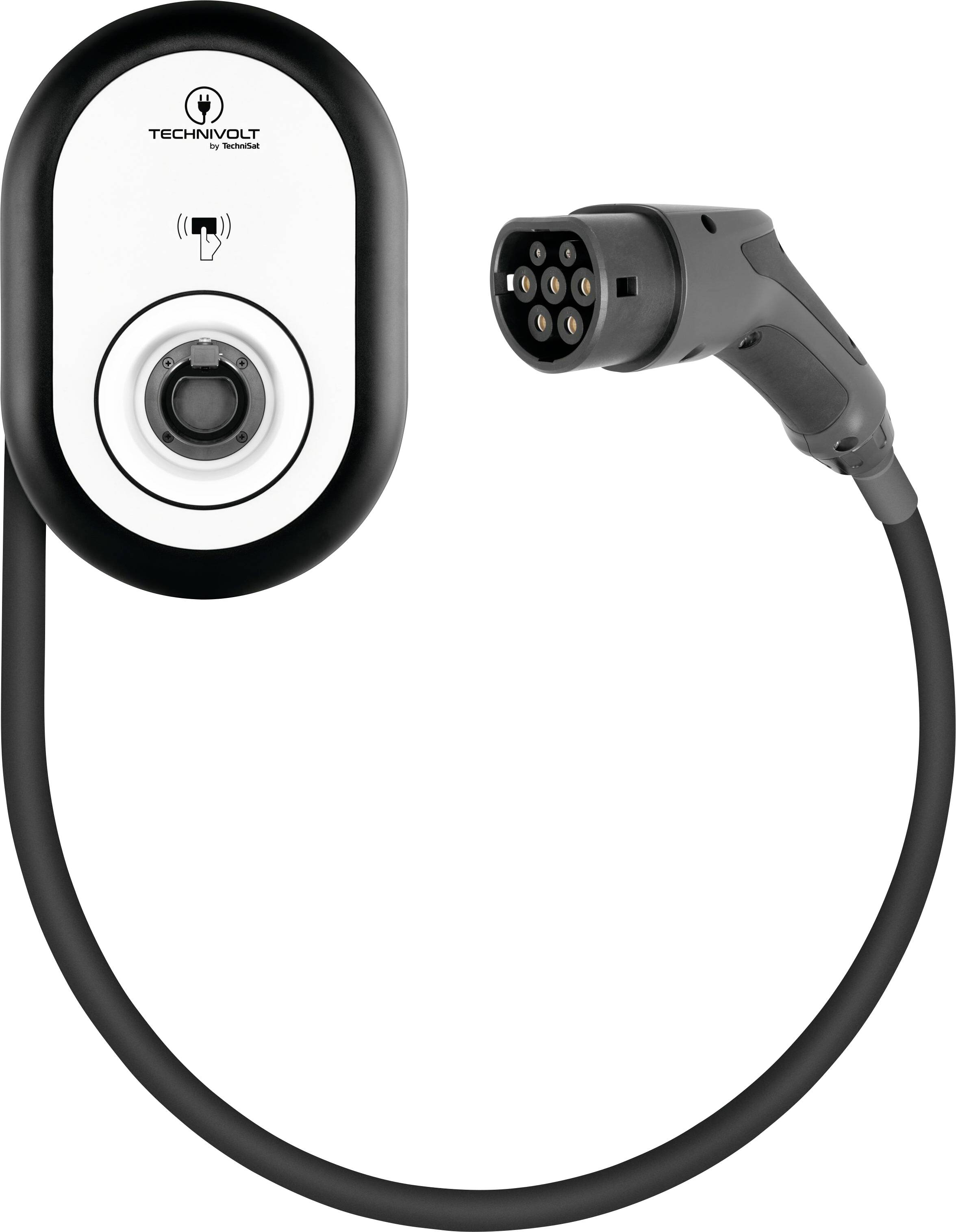Elektrofahrzeug-Wandladestation mit Kabel und Stecker, geeignet für das Laden von E-Autos, Markenname 'TECHNOVOLT' oben sichtbar.