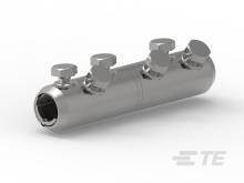Metallzylinder mit vier sichtbaren Schrauben oben, vermutlich ein Verbindungselement oder eine Klemme, vor weißem Hintergrund.