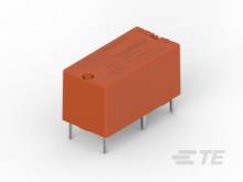 Rotes Relais mit vier Metallbeinen, geeignet für elektronische Schaltkreise. Produktname und technische Details auf der Oberseite.