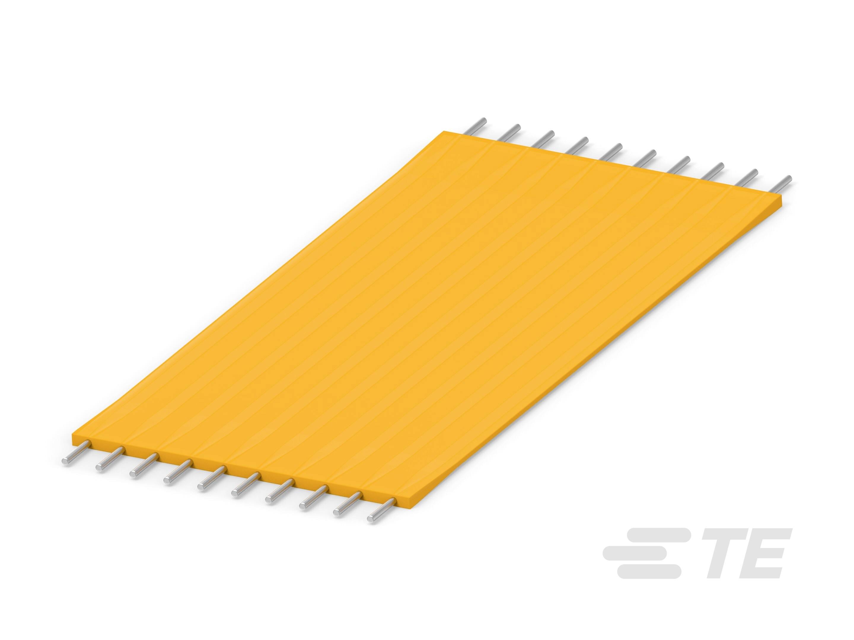 Ein flacher, rechteckiger gelber Verbinder mit mehreren Metallstiften, die an beiden Seiten herausragen.