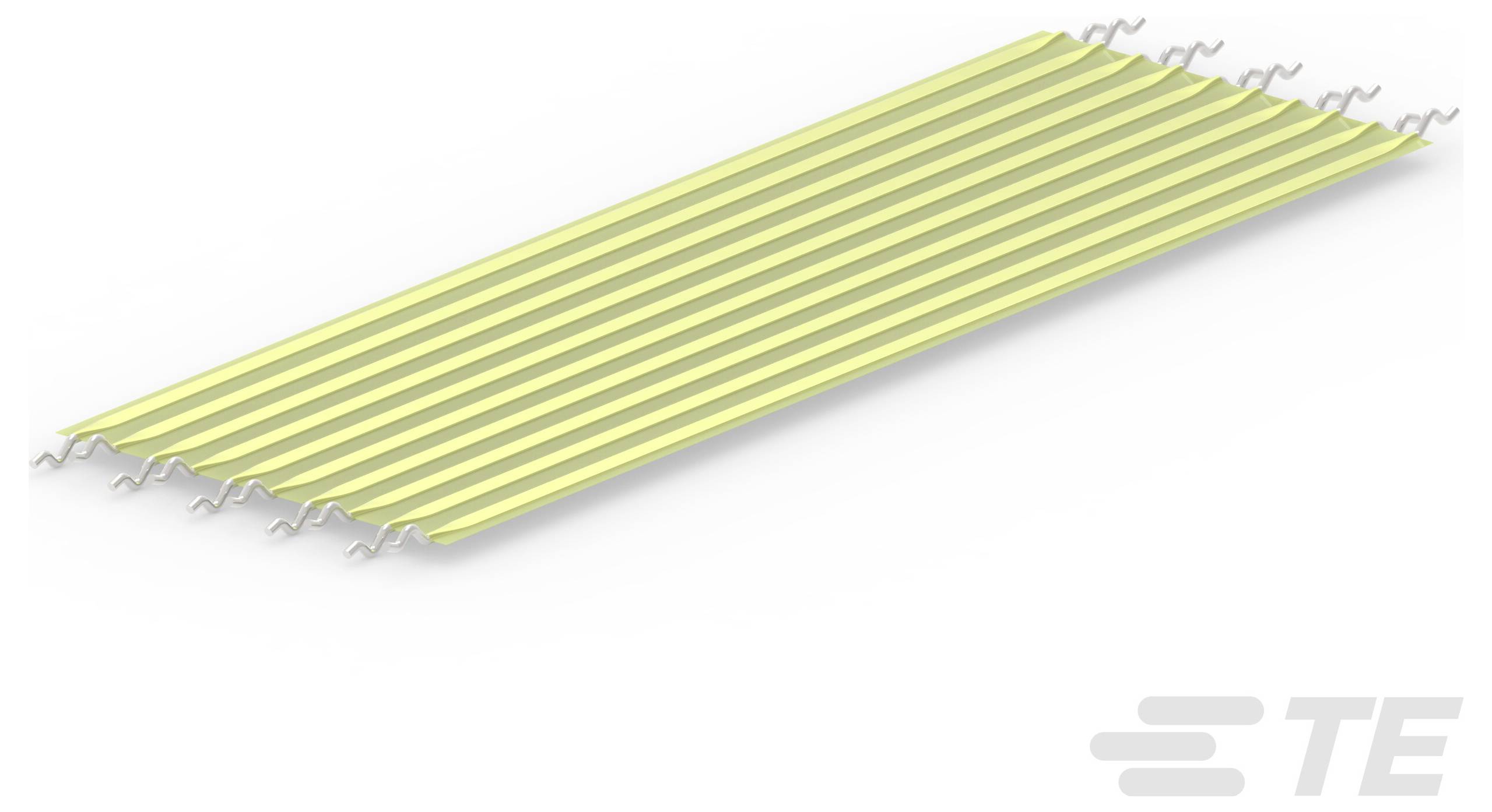 Gelbe flexible Leiterplatte mit mehreren leitfähigen Streifen, leicht gebogen, endet mit Anschlussfahnen auf beiden Seiten.