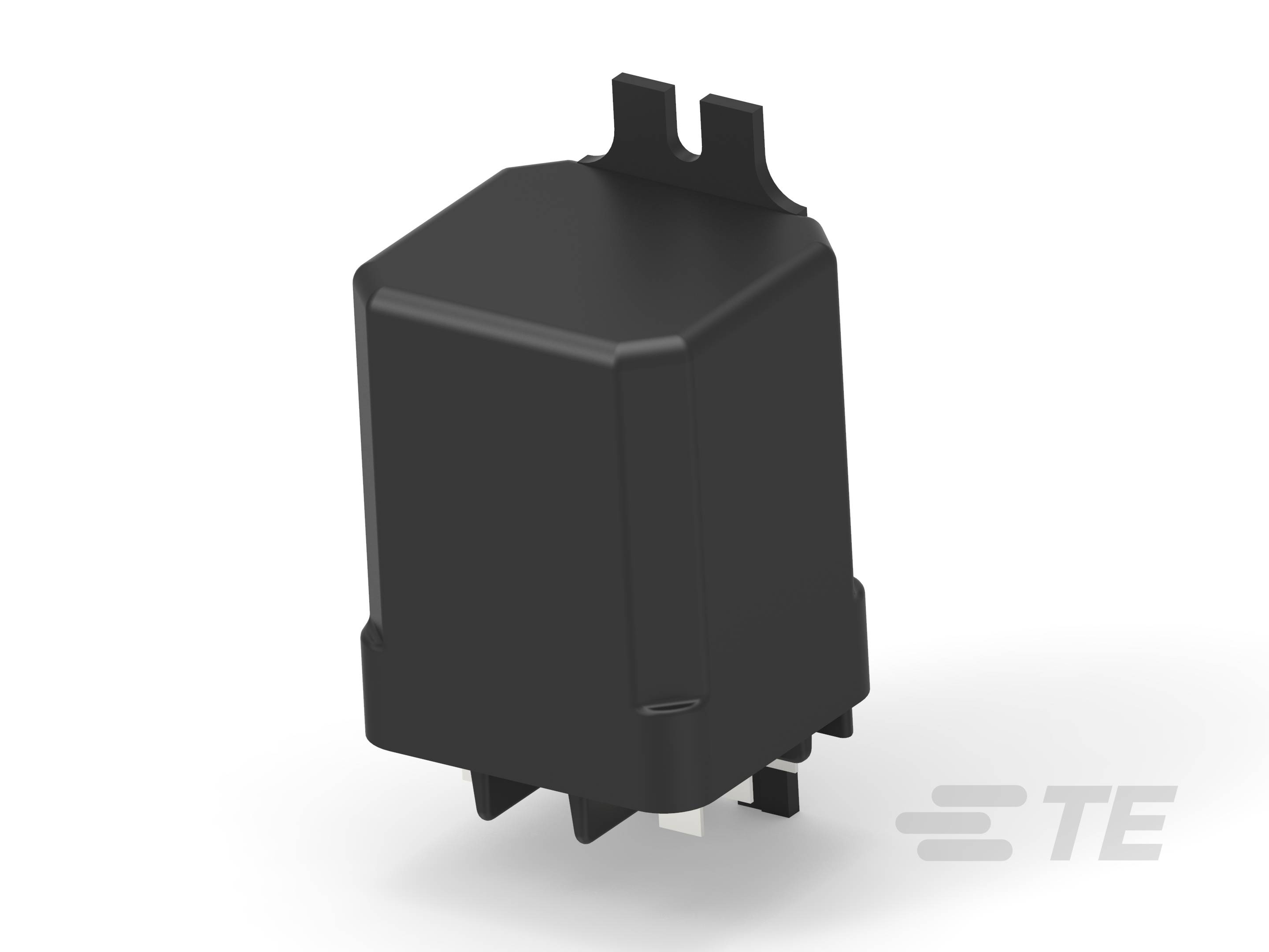Schwarzes, quadratisches elektronisches Bauteil mit zwei herausragenden Anschlüssen, auf hellem Hintergrund.