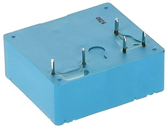 Eine rechteckige blaue elektronische Komponente mit vier Metallstiften an einer Seite, möglicherweise für Schaltungsverbindungen verwendet.