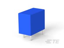 Ein blauer, rechteckiger Hocker mit vier grauen Beinen.